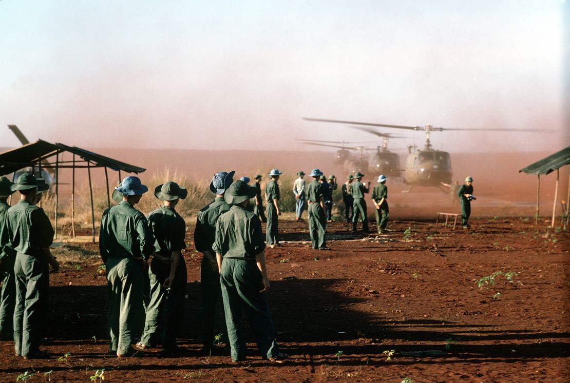 UH-1 Iroquois helicopters arrive to pick up American prisoners of war at Loc Ninh, Vietnam, in February 1973.