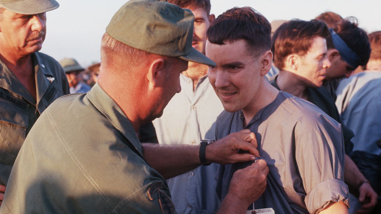 Capt. Mark Smith has identification attached to his shirt, after his release by the Viet Cong to the American military at Loc Ninh, Vietnam, on February 12, 1973.