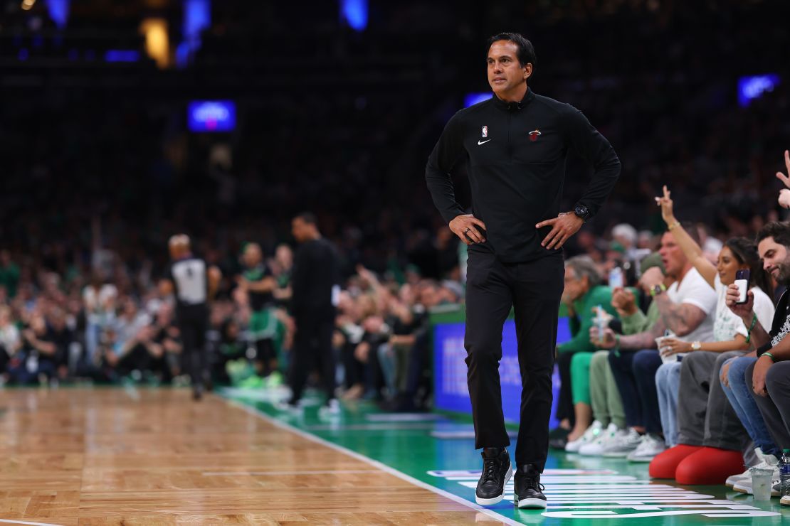BOSTON, MASSACHUSETTS - MAY 25: Miami Heat head coach Erik Spoelstra looks on against the Boston Celtics during the second quarter in game five of the Eastern Conference Finals at TD Garden on May 25, 2023 in Boston, Massachusetts. NOTE TO USER: User expressly acknowledges and agrees that, by downloading and or using this photograph, User is consenting to the terms and conditions of the Getty Images License Agreement. (Photo by Maddie Meyer/Getty Images)