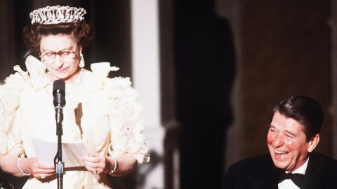 SAN FRANCISCO - UNDATED: (FILE PHOTO) President Ronald Reagan laughs as Her Majesty Queen Elizabeth II delivers a speech during a banquet in March 1983 in San Francisco, California. (Photo by Anwar Hussein/Getty Images)