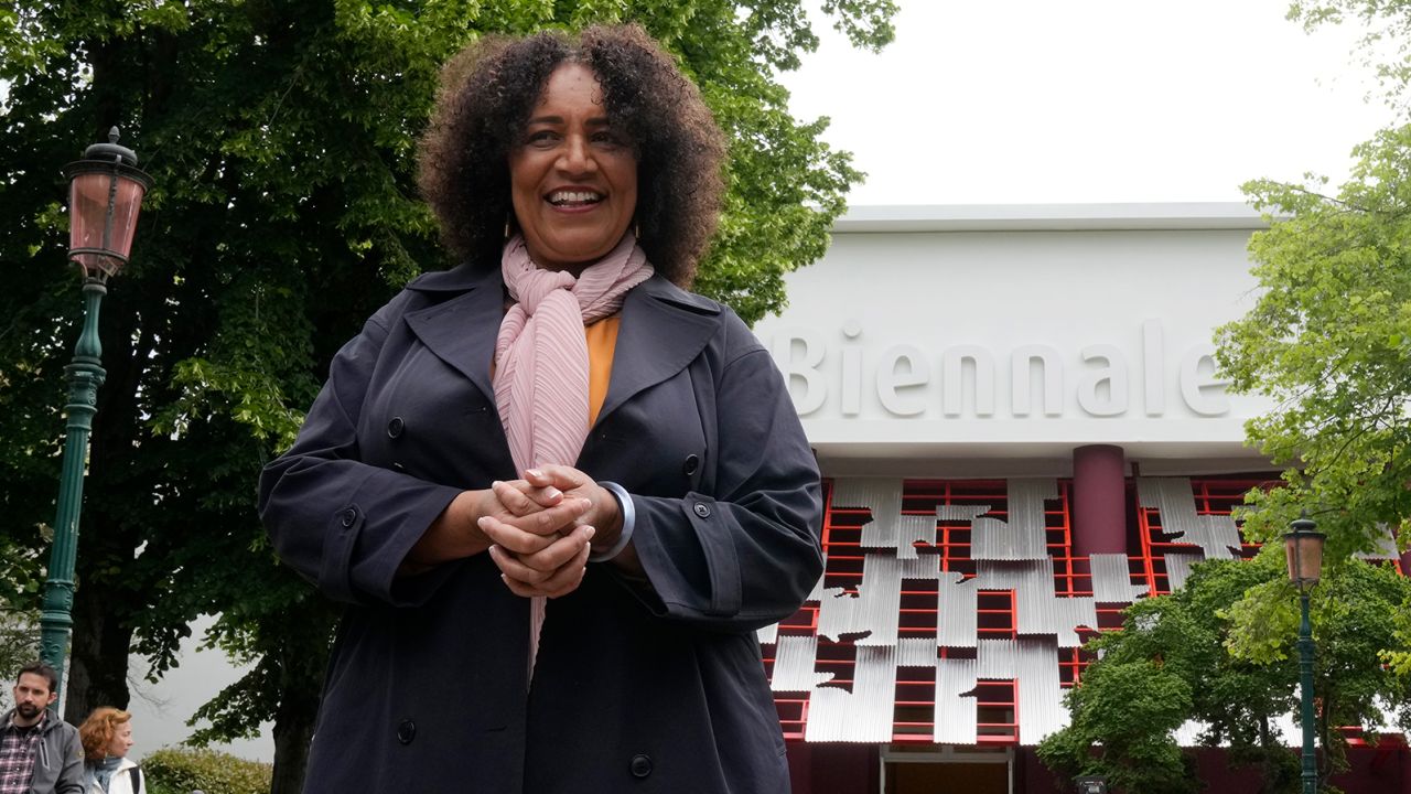 Lesley Lokko, a Scottish-Ghanian who is the first African to curate the architectural Biennale poses for photographers, at the Biennale International Architecture exhibition, in Venice, Italy, Wednesday, May 17, 2023. The 18th edition of the Biennale International Architecture exhibition will open to the public from Saturday May 20 to Sunday Nov. 26, 2023.