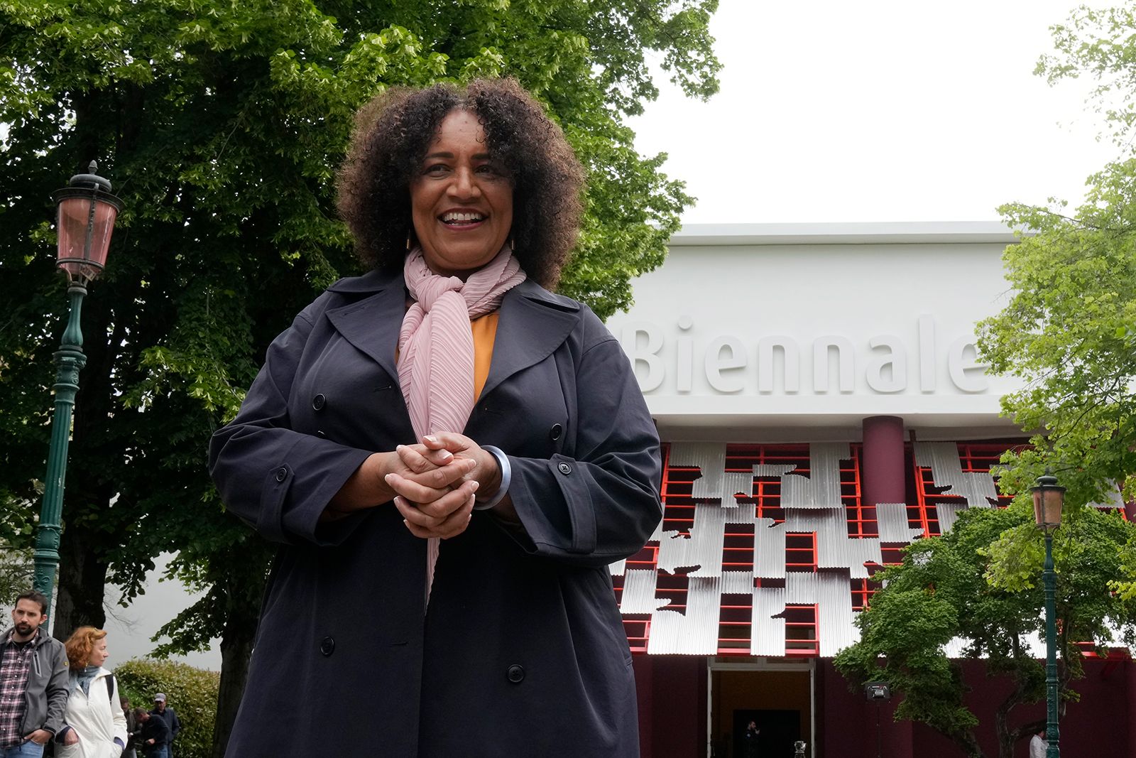 Lesley Lokko, a Scottish-Ghanian who is the first African to curate the architectural Biennale poses for photographers, at the Biennale International Architecture exhibition, in Venice, Italy, Wednesday, May 17, 2023. The 18th edition of the Biennale International Architecture exhibition will open to the public from Saturday May 20 to Sunday Nov. 26, 2023.