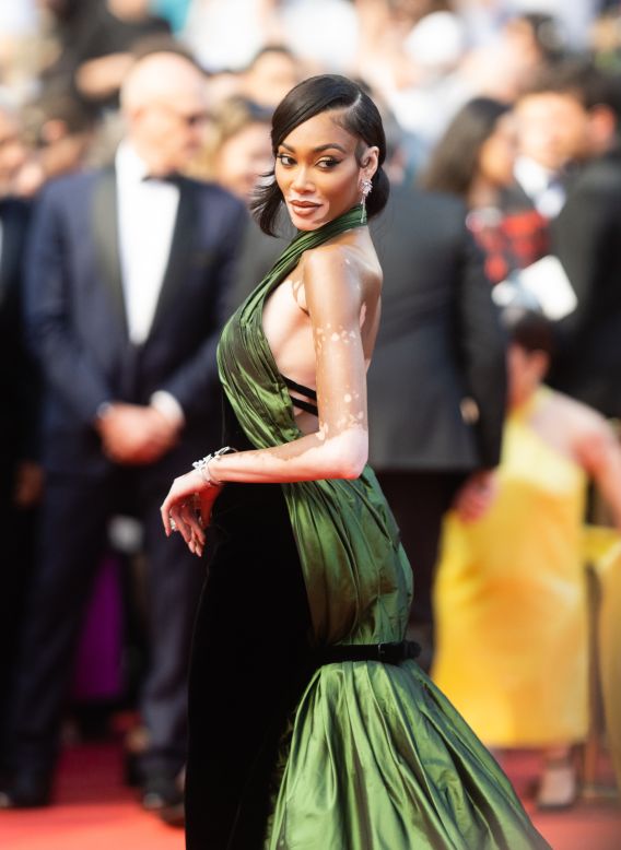 Winnie Harlow was the picture of elegance in a Jean Paul Gaultier halter-neck dress with an iridescent green trim, at the "La Passion De Dodin Bouffant" premiere.