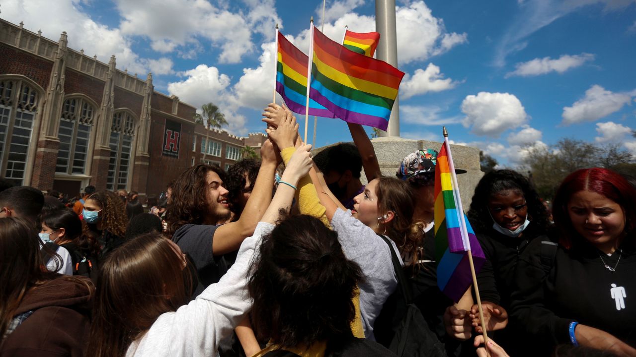 Hillsborough High School students protest a Republican-backed bill dubbed the "Don't Say Gay" that would prohibit classroom discussion of sexual orientation and gender identity, a measure Democrats denounced as being anti-LGBTQ, in Tampa, Florida, U.S., March 3, 2022.