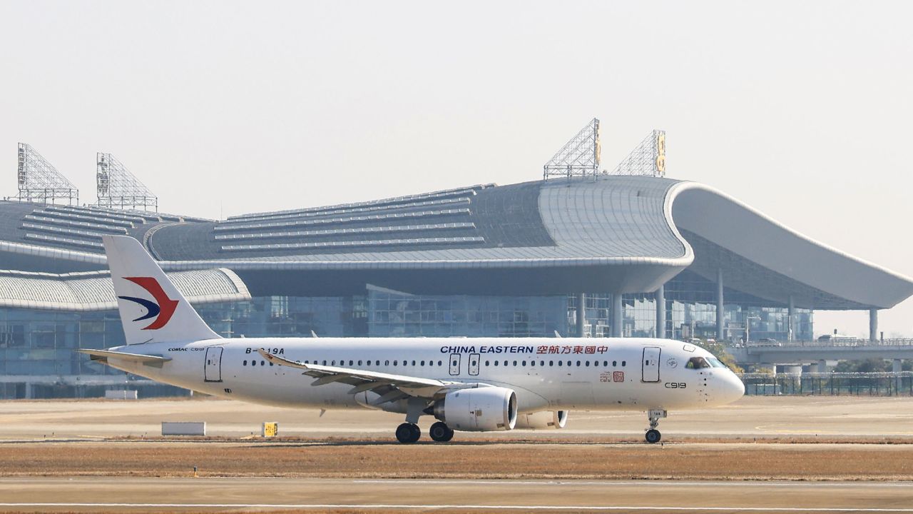 NANCHANG, CHINA - JANUARY 28: China's first homegrown large jetliner C919 lands at Nanchang Changbei International Airport as it makes its first flight in the Chinese Lunar New Year on January 28, 2023 in Nanchang, Jiangxi Province of China. (Photo by Ma Yue/VCG via Getty Images)