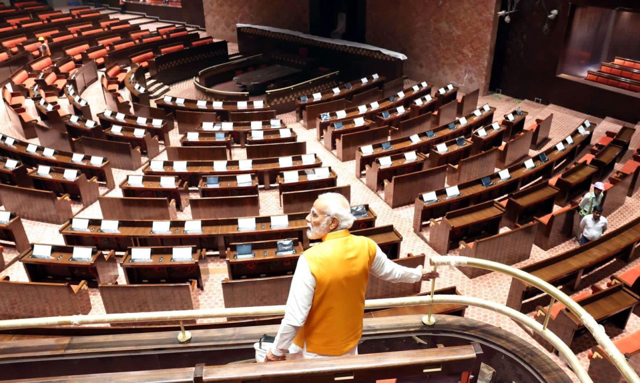 India's Prime Minister Narendra Modi on a surprise visit to the new Parliament building.