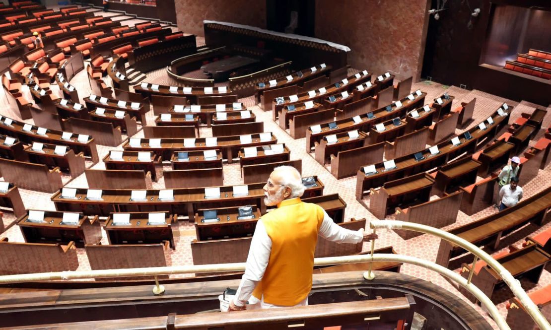 India's Prime Minister Narendra Modi on a surprise visit to the new Parliament building.
