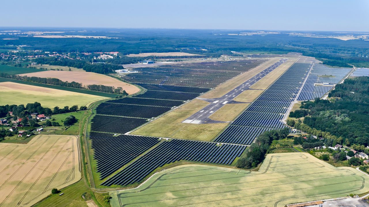 Photovoltaic panels at Berlin's Neuhardenberg Airport, in 2014. 