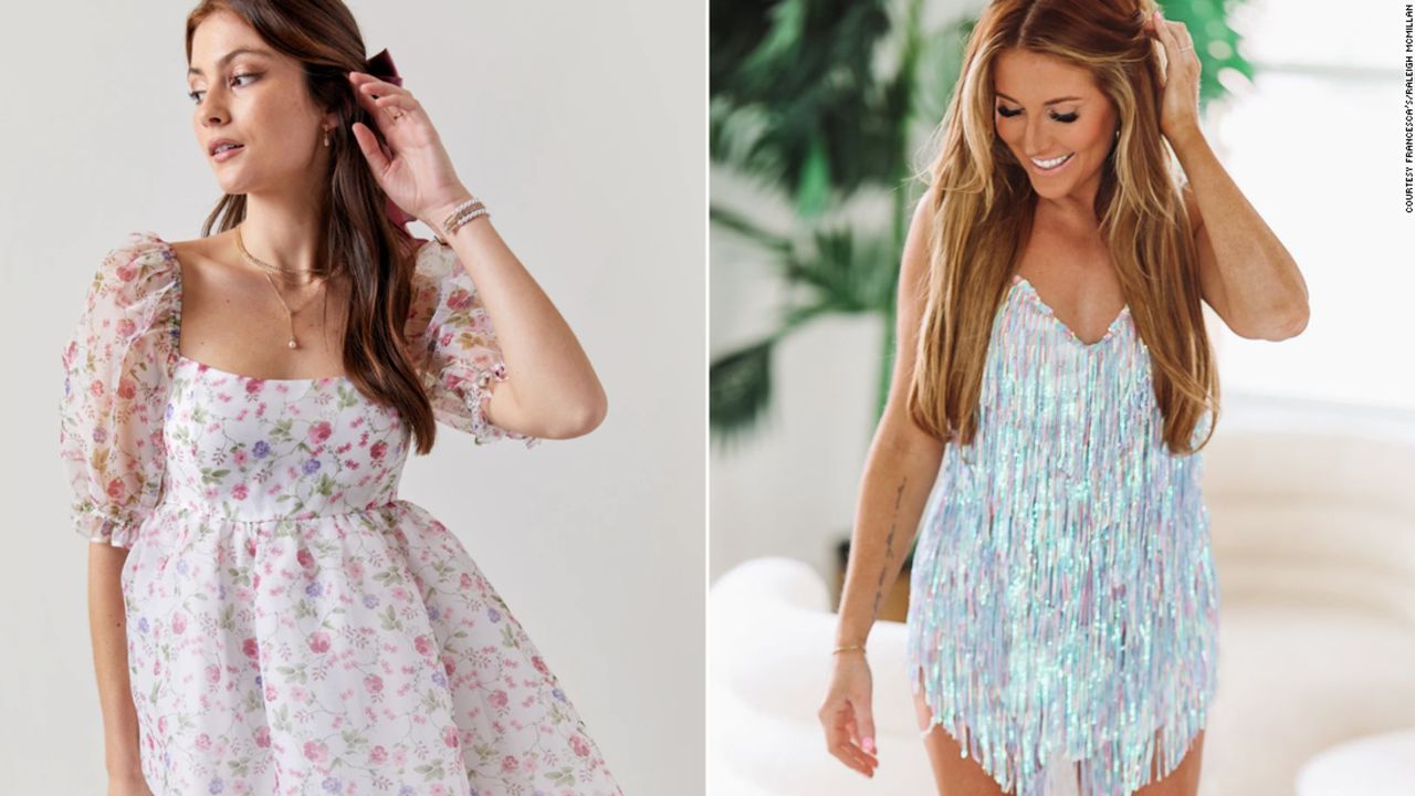 Left: Francesca's said ruffle, bow back and babydoll style dresses are seeing a 30% jump in sales. Right: Taylor Johnson, founder and CEO of Hazel & Olive, wearing The Eras Sequin Fringe Dress.