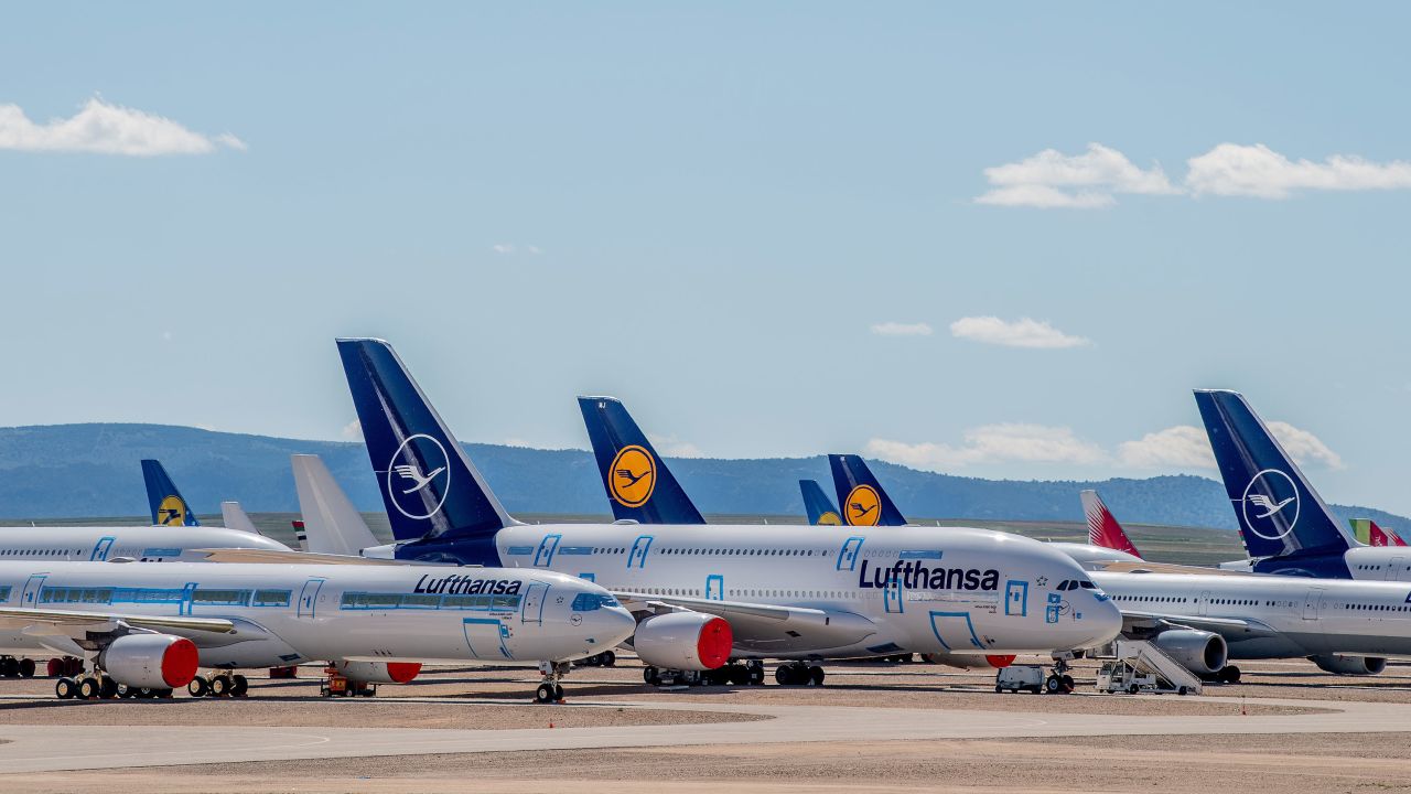 TERUEL, SPAIN - MAY 18: Airbus A380 and A340 passenger aircraft operated by Lufthansa stand parked in a storage facility operated by TARMAC Aerosave at Teruel Airport on May 18, 2020 in Teruel, Spain. The airport, which is used for aircraft maintenance and storage, has received increased demand as the Covid-19 pandemic forces the world's major carriers to ground planes. (Photo by David Ramos/Getty Images)