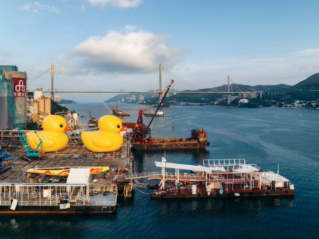 A pair of giant rubber ducks are seen in Hong Kong on May 25, 2023.