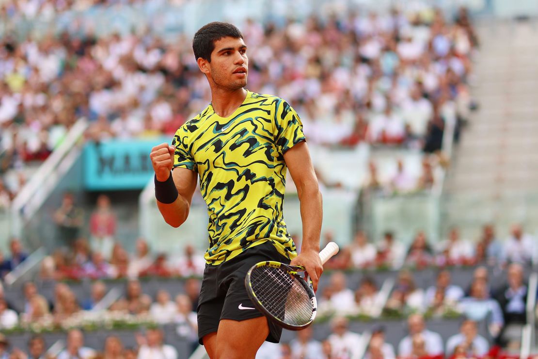 Alcaraz celebrates against Jan-Lennard Struff at the Madrid Open. 