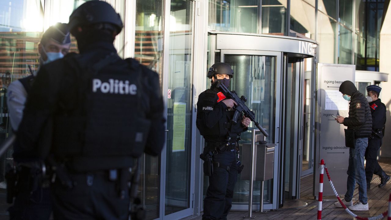 Police patrol outside the Belgian court where Assadolah Assadi was tried in 2021.