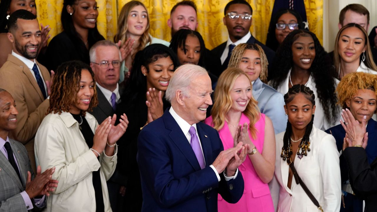 President Joe Biden claps as the 2023 NCAA national champion LSU women's basketball team is recognized during an event to honor the team in the East Room of the White House, May 26, 2023, in Washington, DC. 