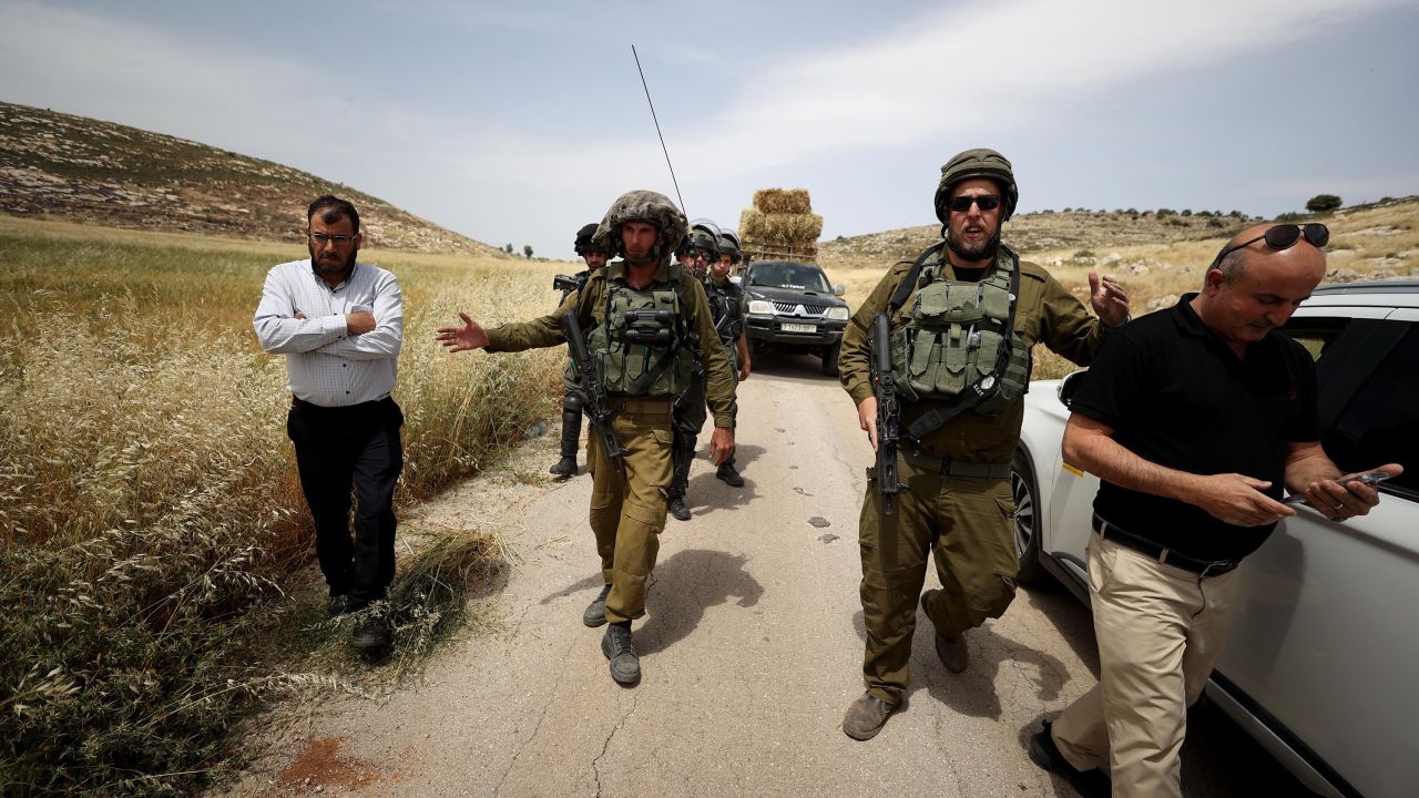 Israeli police take security measures at the town of Mugayyir in Ramallah, West Bank on May 26, 2023. 