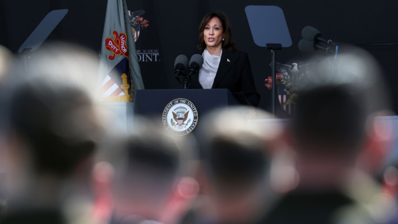 Vice President Kamala Harris delivers the keynote speech at Michie Stadium during West Point's graduation ceremony on May 27, 2023 in West Point, New York. 