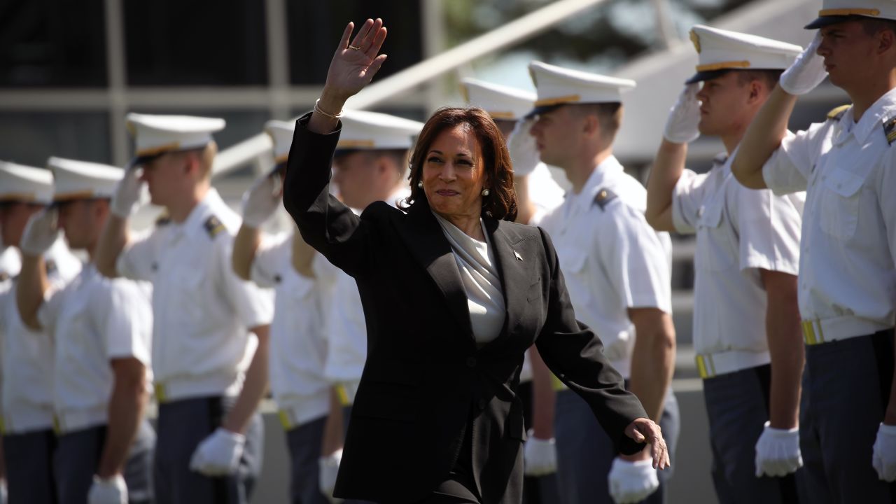 Vice President Kamala Harris arrives at Michie Stadium to deliver the keynote speech at West Point's graduation ceremony on May 27, 2023 in West Point, New York. Harris is the first woman to give a commencement address in the military academy's 221-year history.