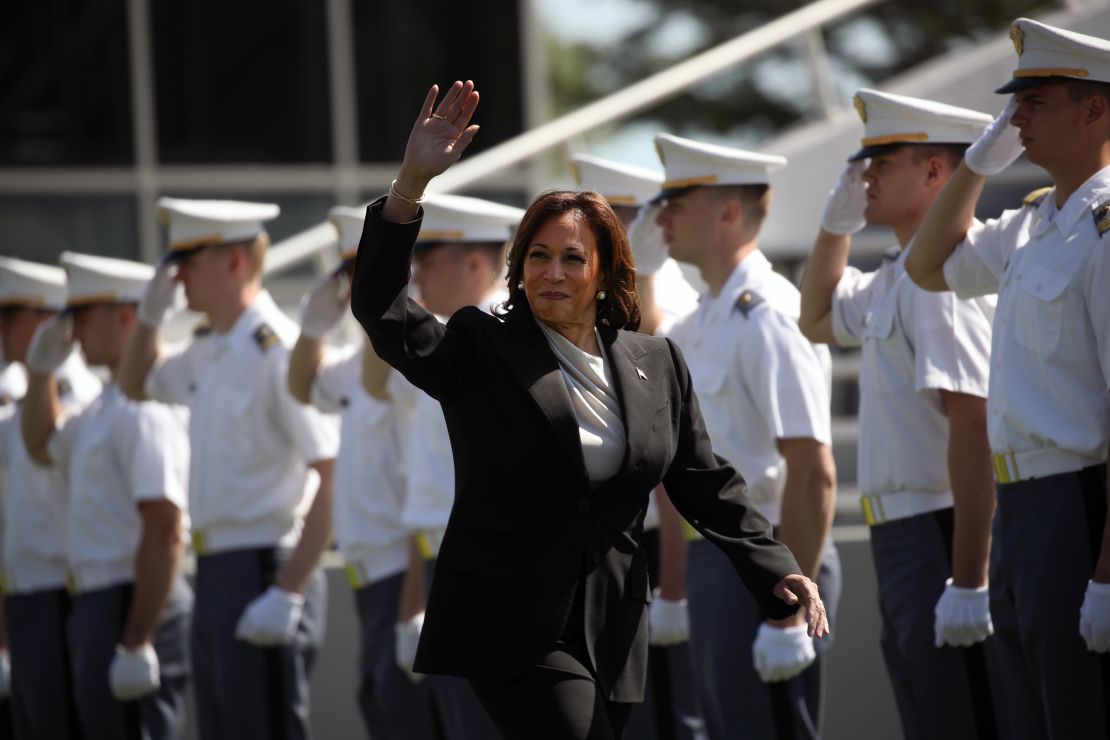 Vice President Kamala Harris arrives at Michie Stadium to deliver the keynote speech at West Point's graduation ceremony on May 27, 2023 in West Point, New York. Harris is the first woman to give a commencement address in the military academy's 221-year history.