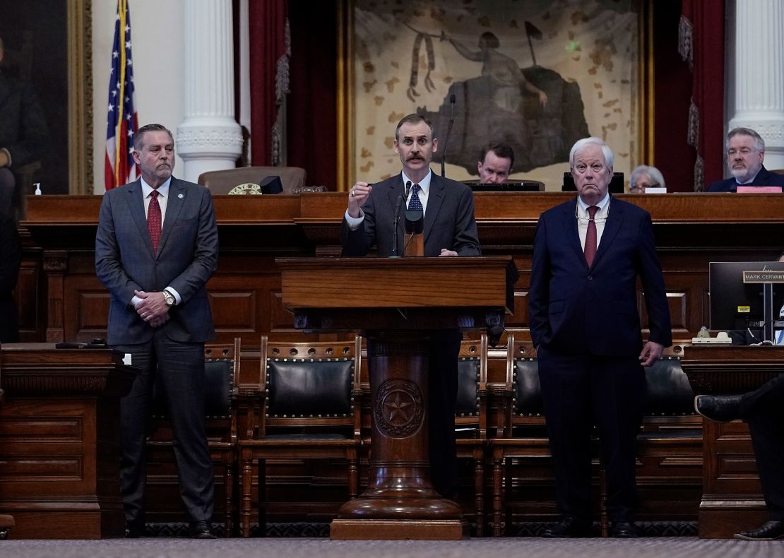 Rep. Andrew Murr, R - Junction, chair of the House General Investigating Committee, center, speaks during the impeachment proceedings against Paxton at the Texas Capitol in Austin, Texas, Saturday, May 27, 2023.