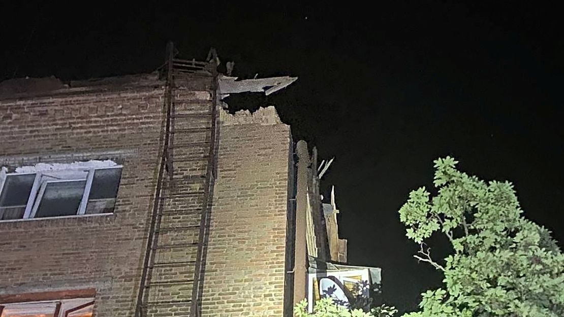 A handout image shows the aftermath of falling debris at a building in Kyiv, Ukraine, on May 28.