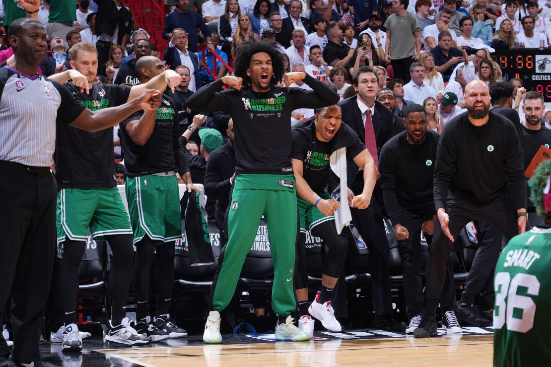 Boston Celtics celebrate their breathtaking victory.