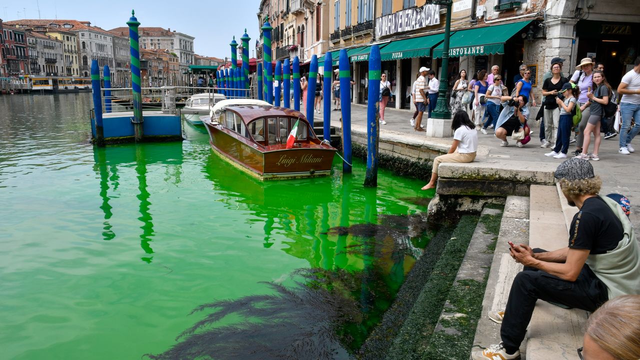 People observe Venice's historical Grand Canal as a patch of phosphorescent green liquid spreads in it,.