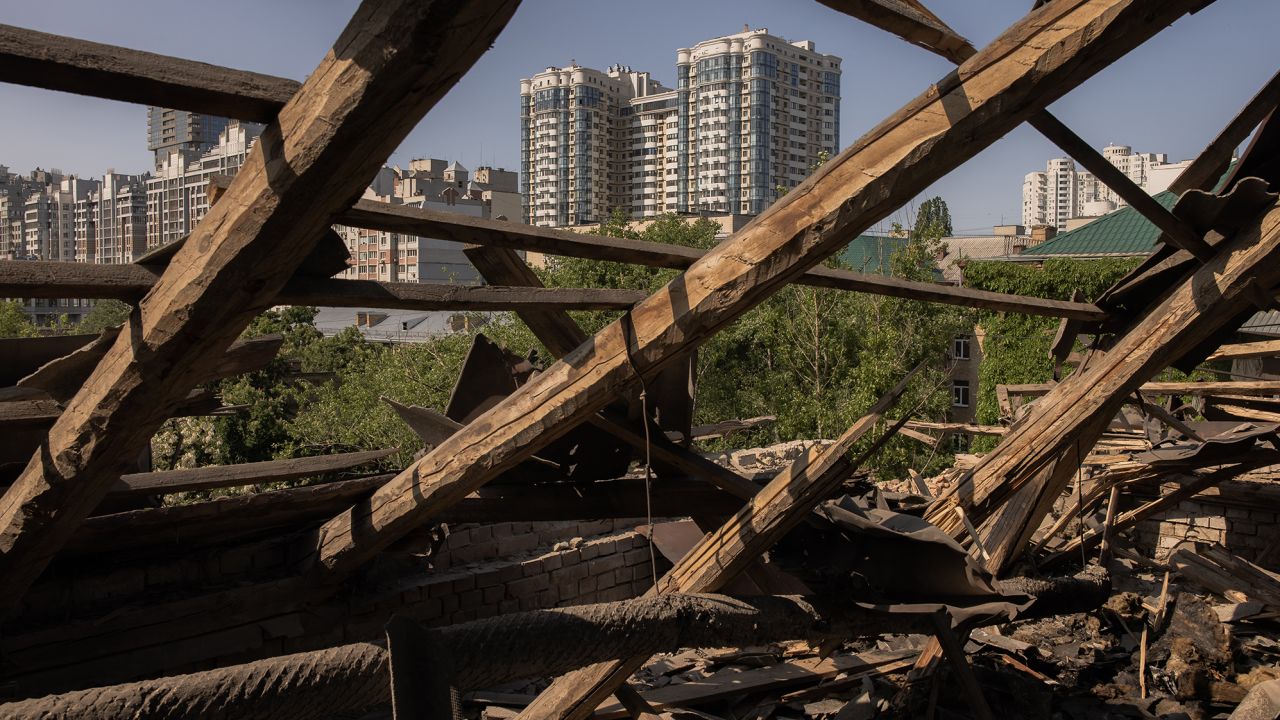 A roof of a residential building that was damaged during a Russian drone attack on May 28, 2023 in Kyiv, Ukraine. According to Ukrainian Air Forces, it had intercepted 52 out of 54 Iranian-made drones Shahed-136 launched by Russia targeting Ukraine. Over 40 drones were shot down over the capital Kyiv, with at least one person killed, and another injured. It was Russia's biggest air attack on Kyiv since the beginning of the war.