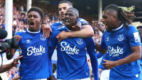 Abdoulaye Doucoure of Everton celebrates scoring a goal to make the score 1-0 with his team-mates during the Premier League match between Everton FC and AFC Bournemouth at Goodison Park on May 28, 2023 in Liverpool, United Kingdom.