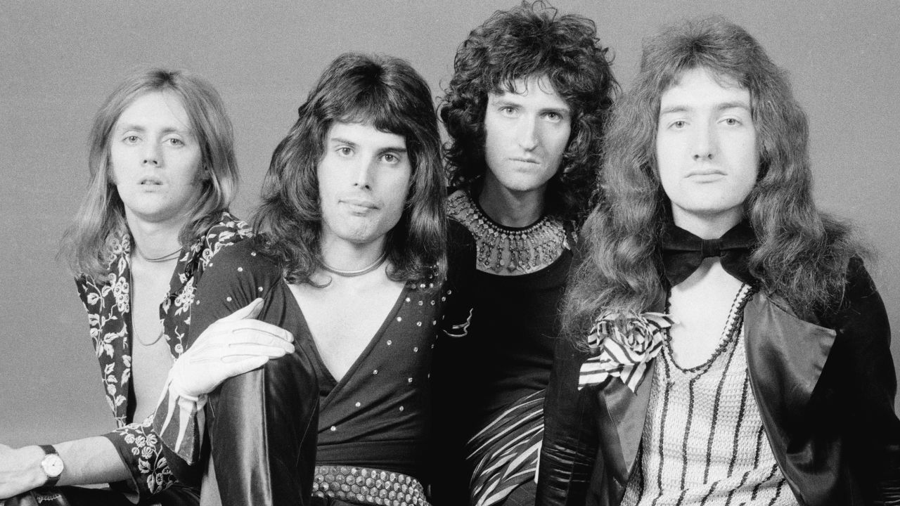 From left): Drummer Roger Taylor, singer Freddie Mercury, guitarist Brian May, and bassist John Deacon of British rock band Queen in 1973. 