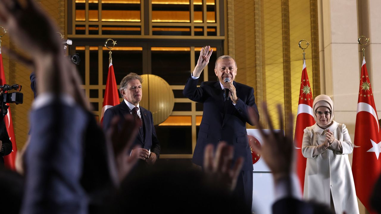 President Recep Tayyip Erdogan speaks at the presidential palace after winning reelection in a runoff.