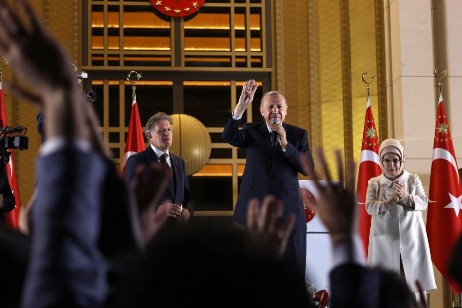 Erdogan speaks to supporters at the presidential palace after winning reelection in a runoff vote in May 2023.