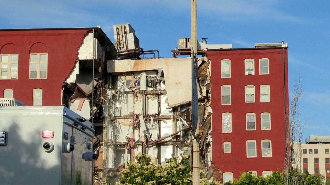 Part of a building collapsed in Davenport, Iowa, on Sunday, May 28, 2023.