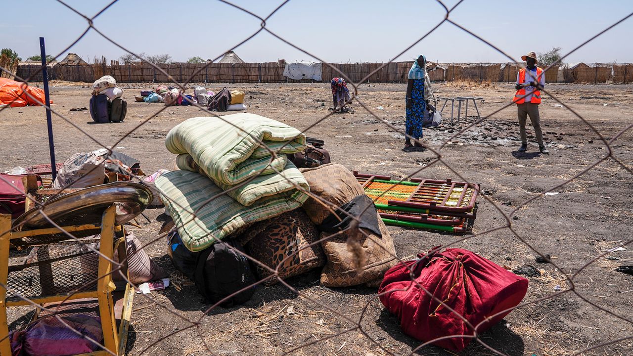 The belongings of people who crossed the border from Sudan sit in a yard at the Joda border crossing in South Sudan, on May 16, 2023.