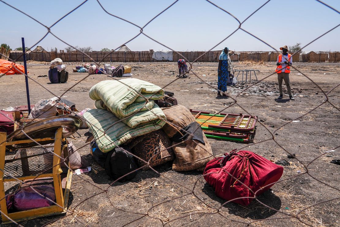 The belongings of people who crossed the border from Sudan sit in a yard at the Joda border crossing in South Sudan, on May 16, 2023. 