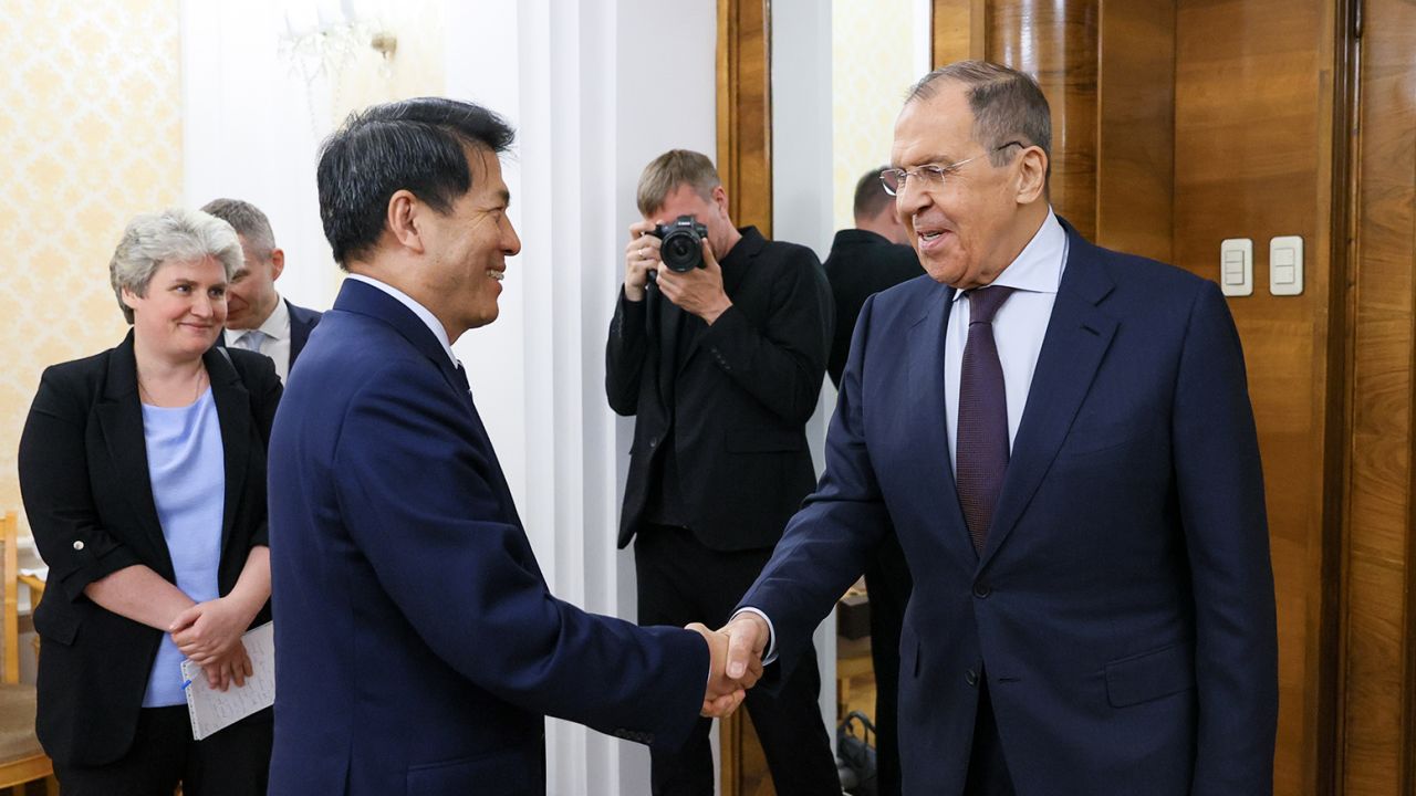 Russian Foreign Minister Sergei Lavrov welcomes Li Hui, China's special representative on Eurasian affairs, at the Russian Foreign Ministry headquarters in Moscow on May 26, 2023. 
