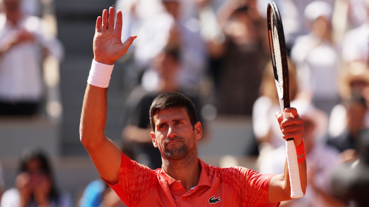 Novak Djokovic celebrates after winning against Aleksandar Kovacevic at the French Open.