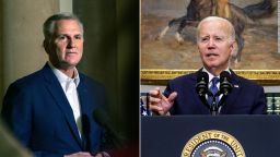 Left: Speaker of the House Kevin McCarthy (R-CA) speaks to the press after an "agreement principle" was reached between House Republicans and President Joe Biden's team to avoid a default on the U.S. debt at the U.S. Capitol on May 28 in Washington, DC. Right: US President Joe Biden delivers remarks on the bipartisan budget agreement in the Roosevelt Room of the White House in Washington, DC, on May 28.