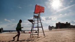 An empty lifeguard chair stands at Coney Island, one of New York City's most popular beach destinations on June 29, 2022 in the Brooklyn borough of New York City. 