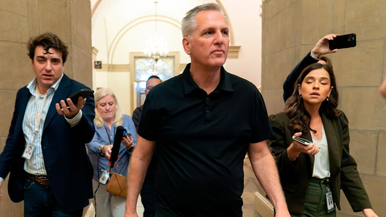 House Speaker Kevin McCarthy arrives to his office on Capitol Hill, Monday, May 29, 2023, in Washington. 