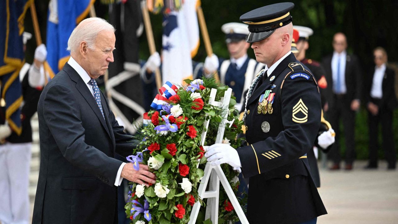 US President Joe Biden participates in a wreath-laying ceremony at the Tomb of the Unknown Soldier in Arlington National Cemetery in Arlington, Virginia, on May 29, 2023, in observance of Memorial Day. (Photo by Mandel NGAN / AFP) (Photo by MANDEL NGAN/AFP via Getty Images)
