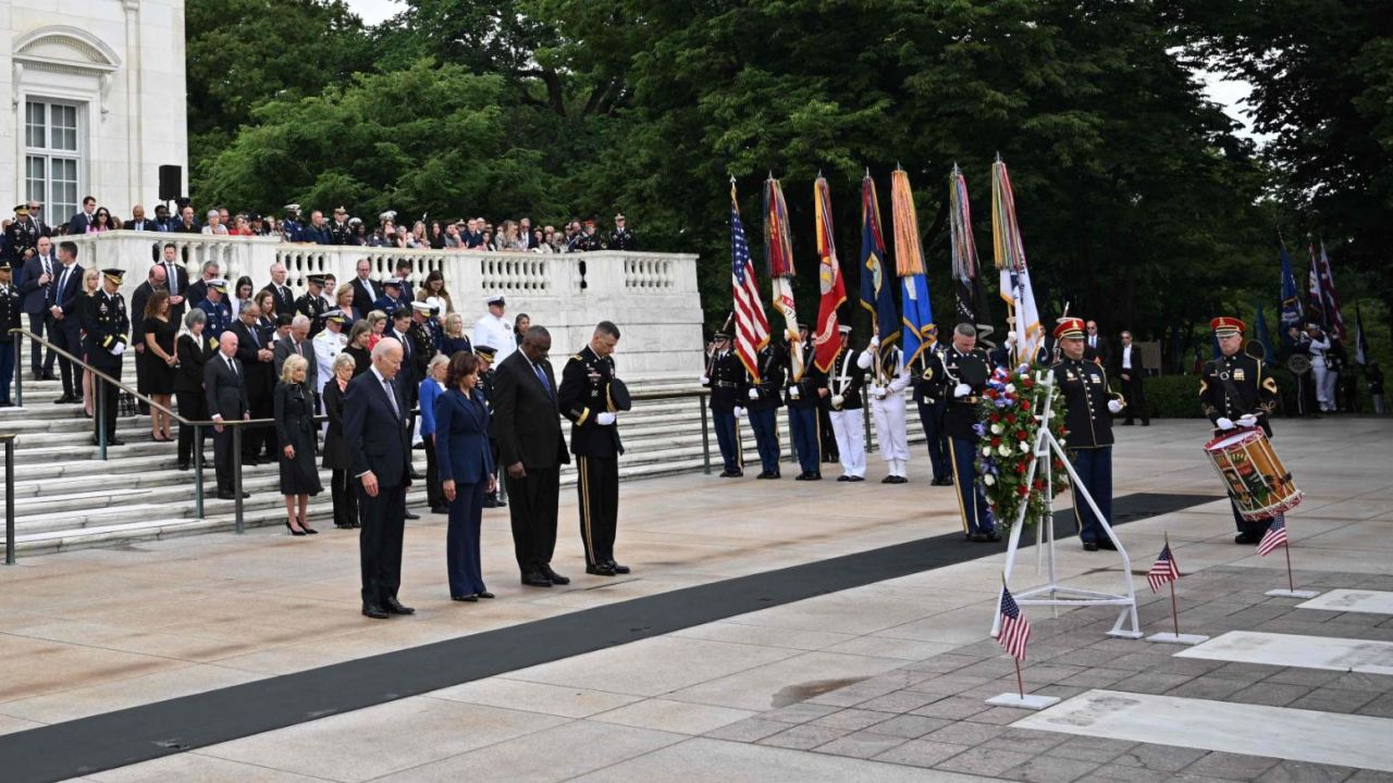 (L-R) US President Joe Biden, US Vice President Kamala Harris, and US Defense Secretary Lloyd Austin participate in a wreath-laying ceremony at the Tomb of the Unknown Soldier in Arlington National Cemetery in Arlington, Virginia, on May 29, 2023, in observance of Memorial Day. (Photo by Mandel NGAN / AFP) (Photo by MANDEL NGAN/AFP via Getty Images)