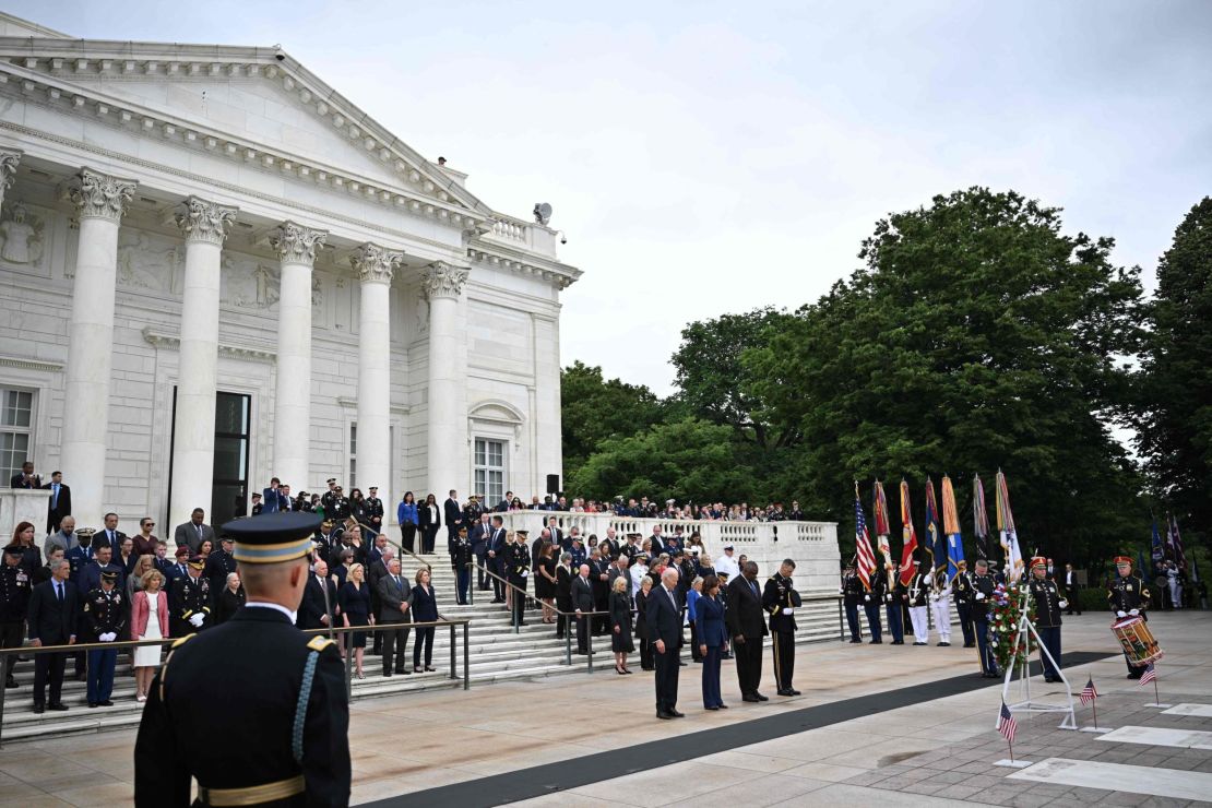 (L-R) US President Joe Biden, US Vice President Kamala Harris, and US Defense Secretary Lloyd Austin participate in a wreath-laying ceremony at the Tomb of the Unknown Soldier in Arlington National Cemetery in Arlington, Virginia, on May 29, 2023, in observance of Memorial Day. (Photo by Mandel NGAN / AFP) (Photo by MANDEL NGAN/AFP via Getty Images)