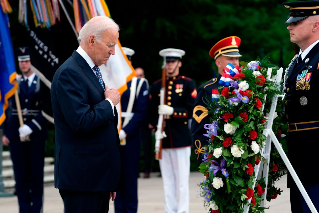 President Joe Biden pauses after laying a wreath at The Tomb of the Unknown Soldier at Arlington National Cemetery in Arlington, Va., on Memorial Day, Monday, May 29, 2023. (AP Photo/Susan Walsh)