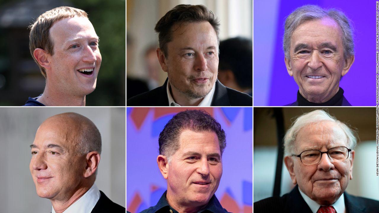 Left to right, clockwise: Mark Zuckerberg, Elon Musk, Bernard Arnault, Warren Buffett, Michael Dell, Jeff Bezos.