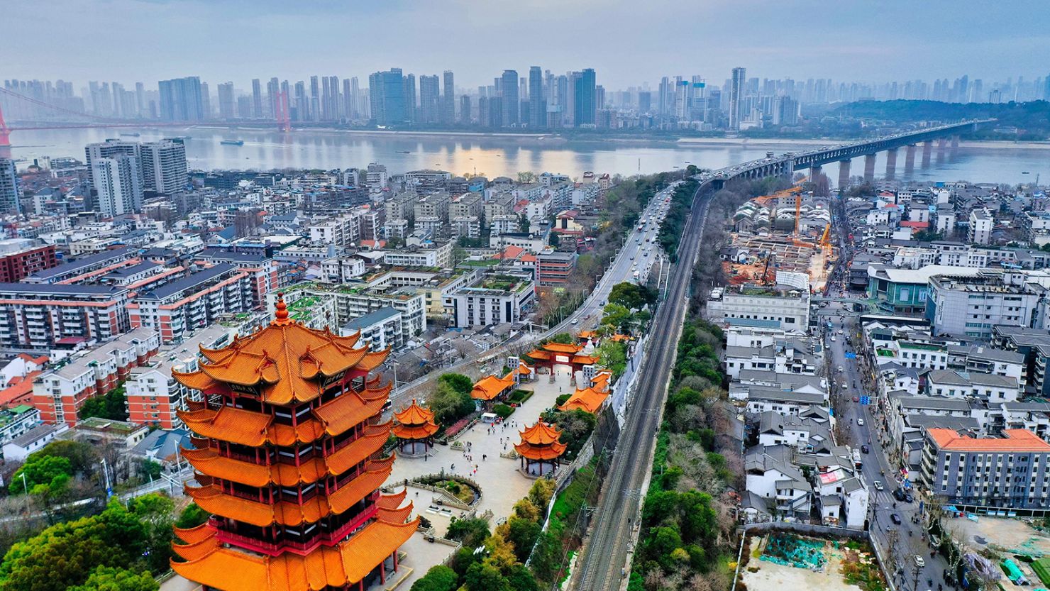 This photo taken on March 10, 2023 shows the Yellow Crane Tower in Wuhan, in China's central Hubei province