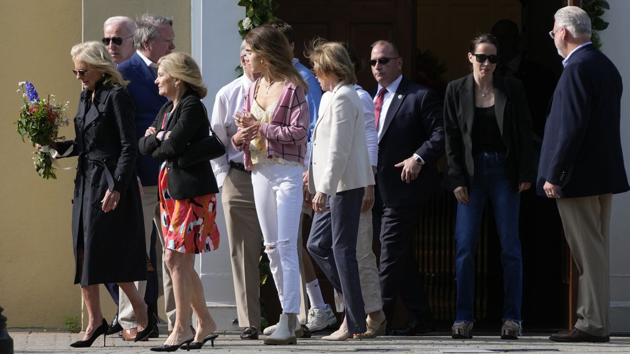 President Joe Biden, first lady Jill Biden and members of the Biden family walk to the grave of the president's late son, Beau Biden, after attending a memorial mass at St. Joseph on the Brandywine Catholic Church in Wilmington, Delaware, on Tuesday, May 30. 