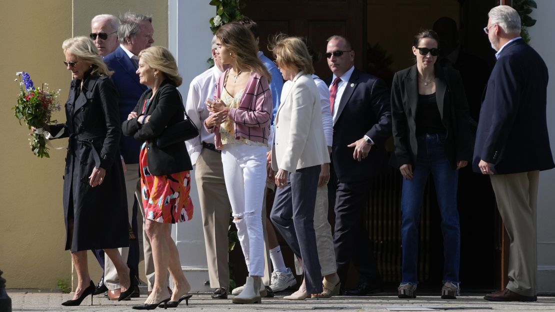 President Joe Biden, first lady Jill Biden and members of the Biden family walk to the grave of the president's late son, Beau Biden, after attending a memorial mass at St. Joseph on the Brandywine Catholic Church in Wilmington, Delaware, on Tuesday, May 30. 