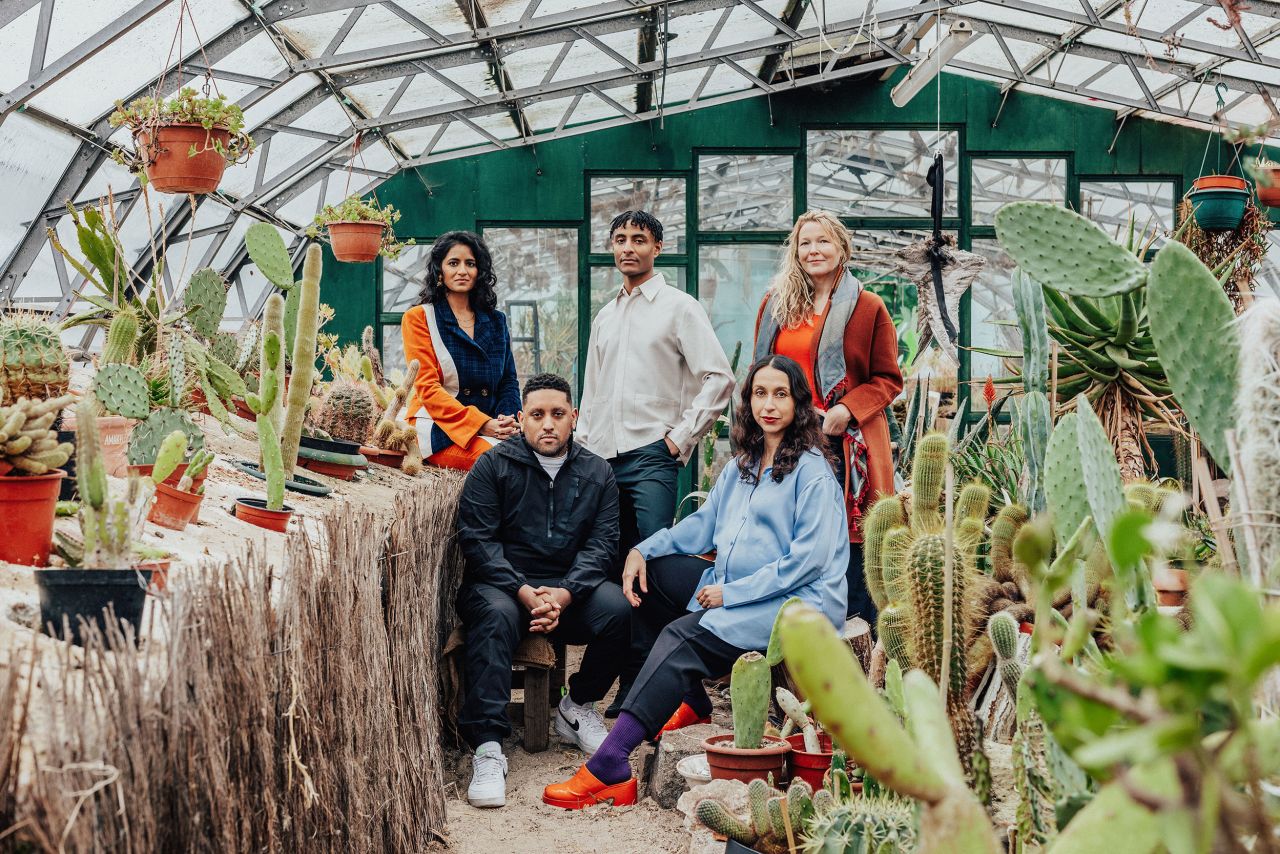 The British Pavilion curators Meneesha Kellay, Joseph Henry, Jayden Ali and Sumitra Upham, with commissioner Sevra Davis, photographed in London. Their display is just one of many non-traditional approaches this year, reflecting diasporic culture in the UK through installations.