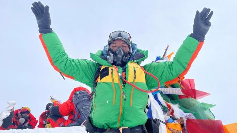 Kami Rita Sherpa, 53, a Nepali Mountaineer who climbed Mount Everest for a record 28 times, is pictured on the summit of Mount Everest during his 28th summit in Everest, May 23, 2023.