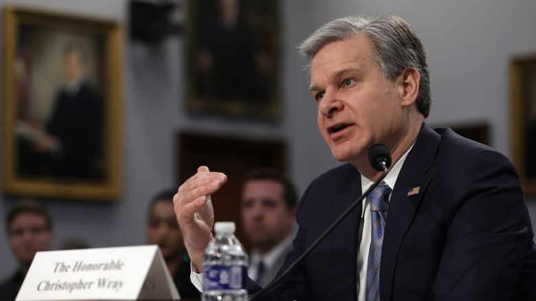 FBI Director Christopher Wray testifies during a hearing before the Commerce, Justice, Science, and Related Agencies Subcommittee of the House Appropriations Committee at Rayburn House Office Building on Capitol Hill April 27, 2023 in Washington, DC. 